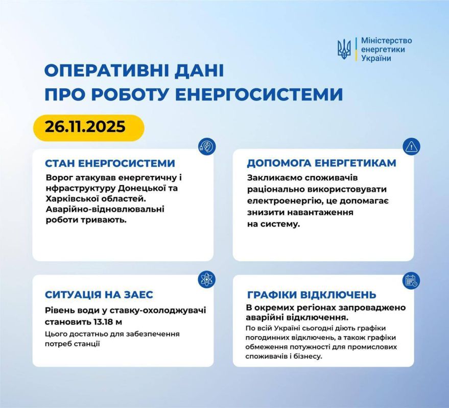Минэнерго Украины заявляет, что в результате ночных прилётов по энергетике в трёх регионах введены аварийные отключения света